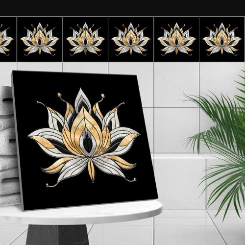 Lotus Flower _ Black Pearl and Gold Ceramic Tile