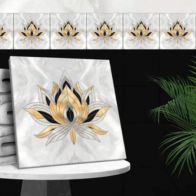 Lotus Flower - Black, Pearl and Gold Ceramic Tile | Zazzle