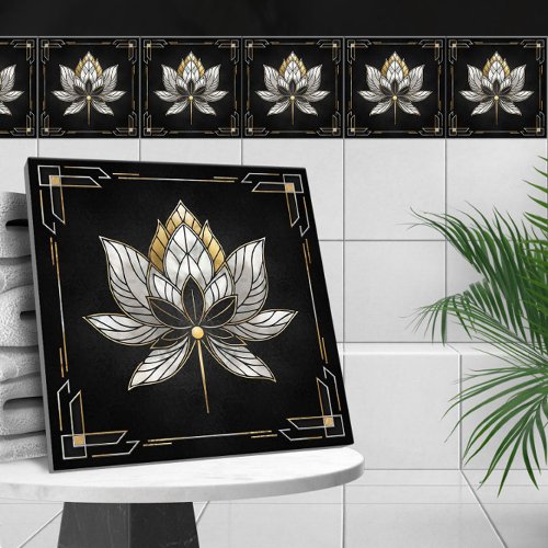 Lotus Flower _ Black Pearl and Gold Ceramic Tile