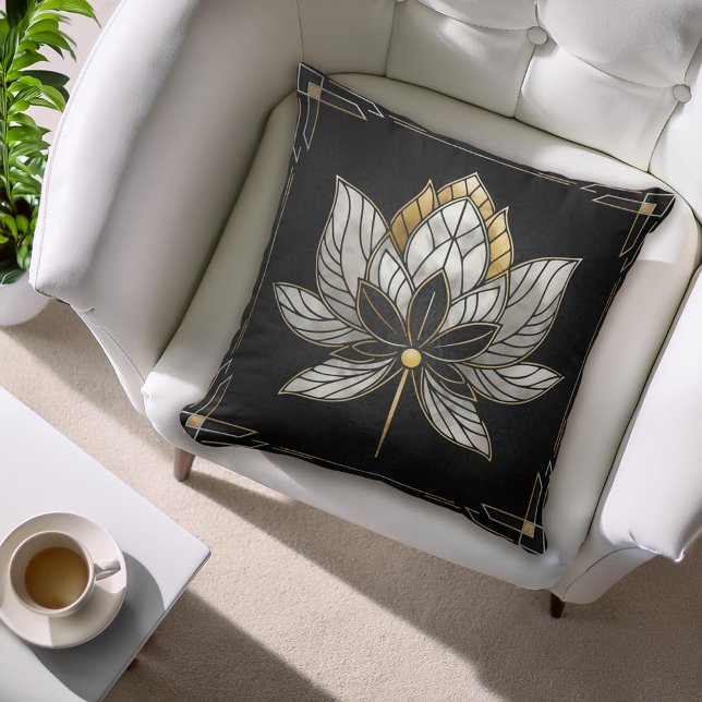 Lotus Flower - Black, Pearl and Gold Throw Pillow (Creator Uploaded)