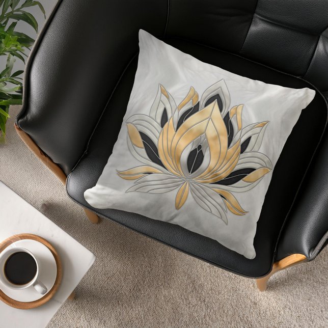 Lotus Flower - Black, Pearl and Gold Throw Pillow (Creator Uploaded)