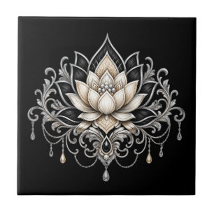 Lotus flower black silver floral botanical wall  ceramic tile