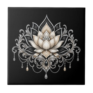 Lotus flower black silver floral botanical wall  ceramic tile