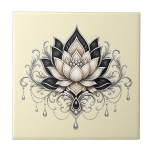 Lotus flower black silver floral indian wall decor ceramic tile