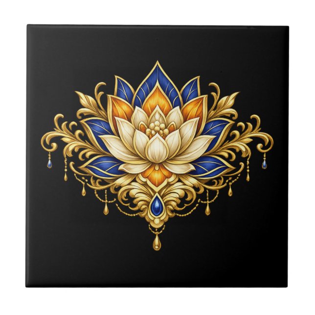 Lotus flower blue gold black floral indian wall ceramic tile (Front)