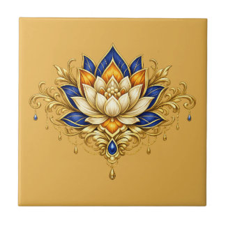 Lotus flower blue gold floral botanical wall ceramic tile
