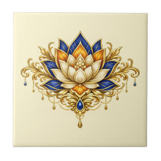 Lotus flower blue gold floral indian wall ceramic tile
