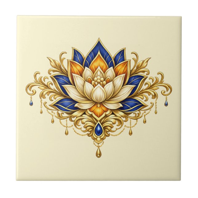 Lotus flower blue gold floral indian wall ceramic tile (Front)