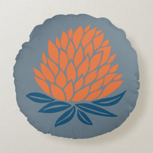 Lotus Flower Blue Orange Zen Round Pillow