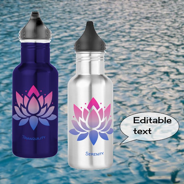 Lotus flower blue pink custom text stainless steel water bottle (Showing blue and silver 18oz bottle options)