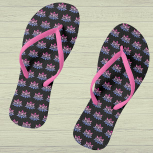 Lotus flower blue pink on black flip flops