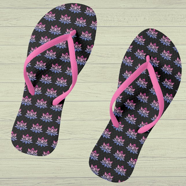 Lotus flower blue pink on black flip flops (Showing the pink narrow straps option)
