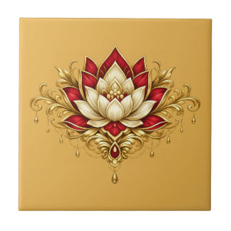Lotus flower burgundy gold floral indian wall ceramic tile