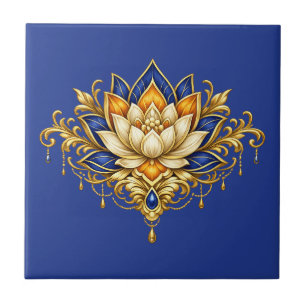 Lotus flower cobalt blue gold floral indian wall ceramic tile