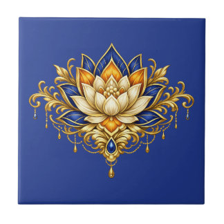 Lotus flower cobalt blue gold floral indian wall ceramic tile