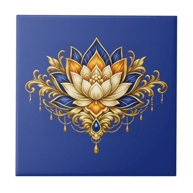 Lotus flower cobalt blue gold floral indian wall ceramic tile (Front)