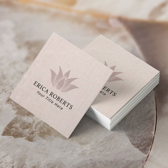 Lotus Flower Elegant Blush Pink Linen Square Business Card (Creator Uploaded)