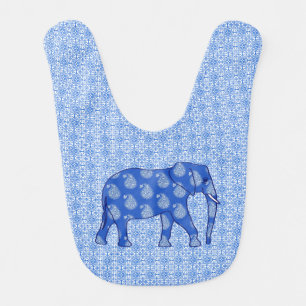 Lotus flower elephant - cobalt blue and white bib