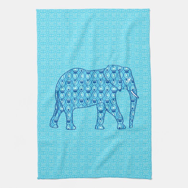 Lotus flower elephant - turquoise kitchen towel (Vertical)