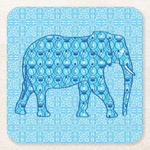 Lotus flower elephant _ turquoise square paper coaster