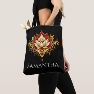 Lotus Flower Floral burgundy gold DIY name Tote Bag
