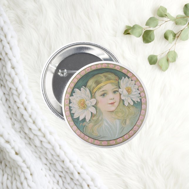 Lotus Flower Girl Portrait Pinback Button (Creator Uploaded)