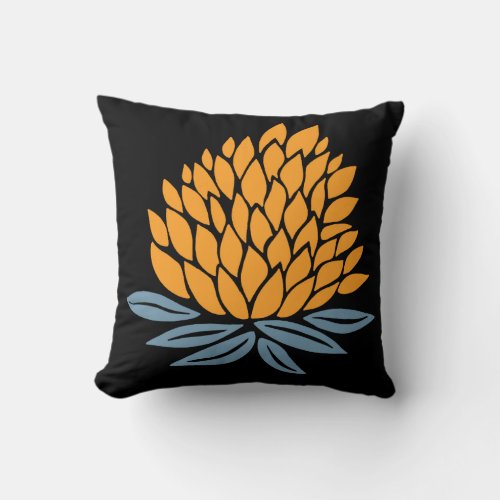 Lotus Flower Gold Blue Black Throw Pillow