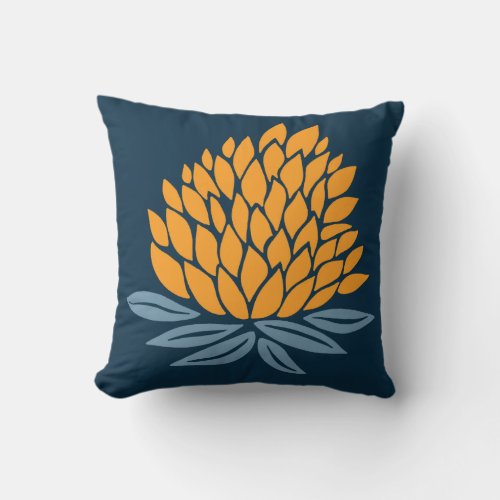 Lotus Flower Gold Blue Navy Throw Pillow