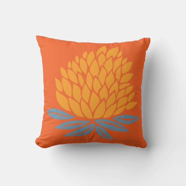 Lotus Flower Gold Blue Orange Throw Pillow (Front)