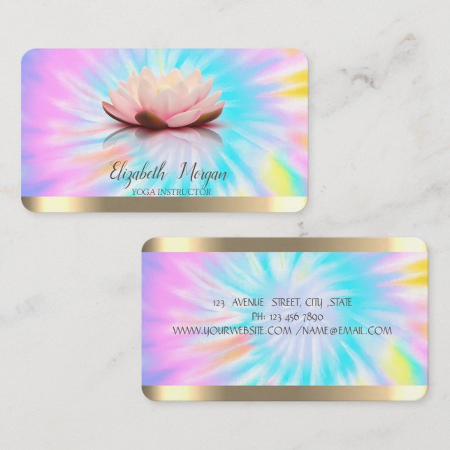  Lotus Flower Gold Stripes Yoga Instructor Tie Dye Business Card (Front/Back)