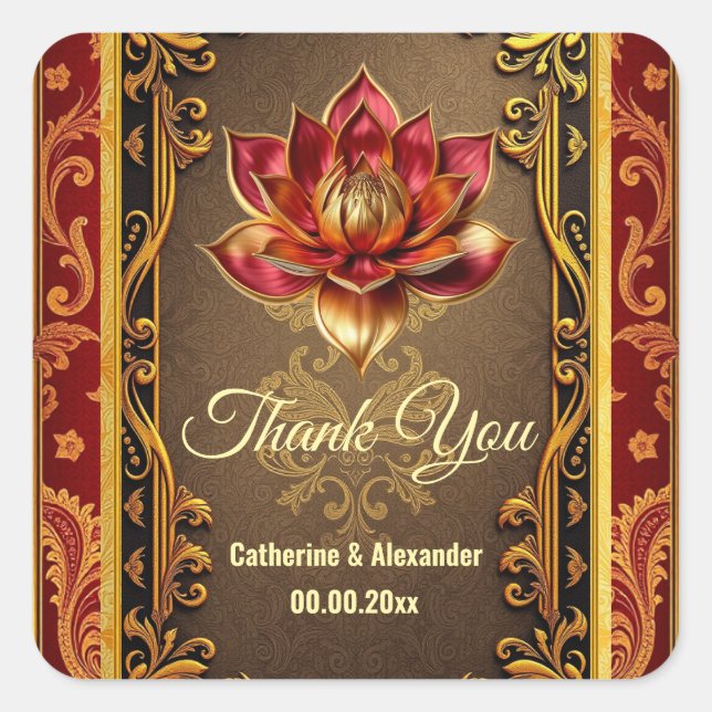 Lotus flower Hindi wedding favors burgundy gold  Square Sticker (Front)