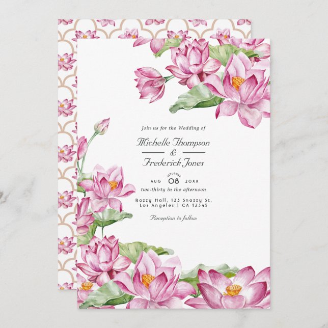 Lotus Flower Indian QR Code RSVP Wedding Invitation (Front/Back)
