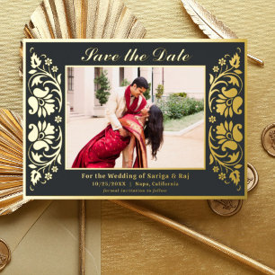 Lotus Flower Indian Save The Date with Photo Gold Foil Invitation