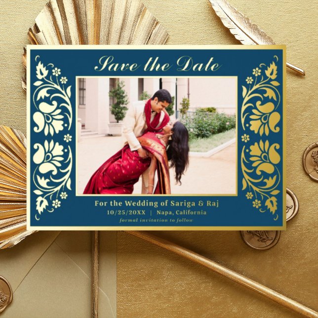 Lotus Flower Indian Save The Date with Photo Gold Foil Invitation (Blue Indian wedding save the date card with photo, hindu wedding save the date card, lotus flower)