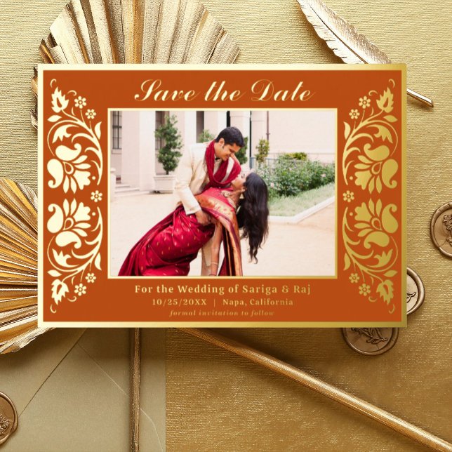 Lotus Flower Indian Save The Date with Photo Gold Foil Invitation (Orange Indian wedding save the date card with photo, hindu wedding save the date card, lotus flower)