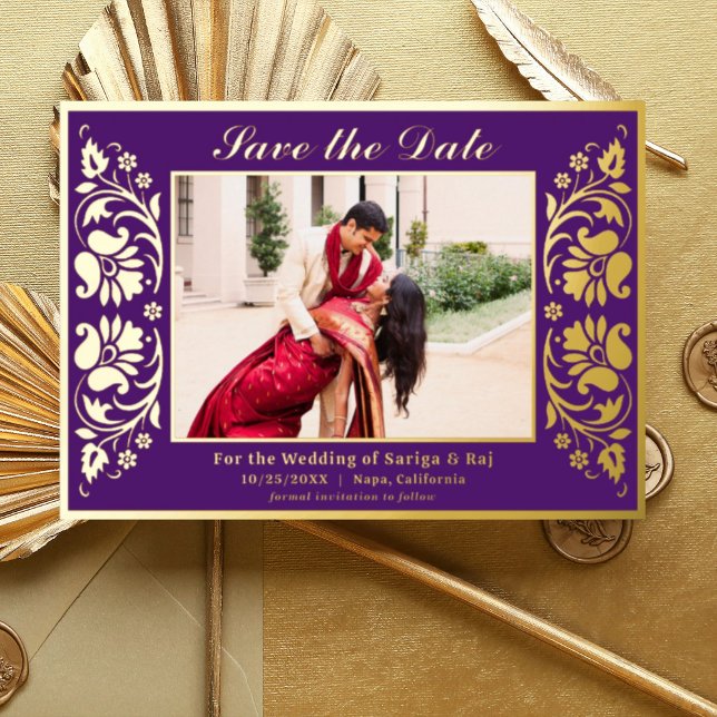 Lotus Flower Indian Save The Date with Photo Gold Foil Invitation (Purple Indian wedding save the date card with photo, hindu wedding save the date card, lotus flower)
