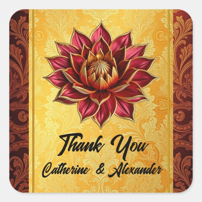 Lotus flower indian thank you burgundy gold square sticker (Front)