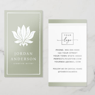 Lotus flower light sage green custom logo foil business cards