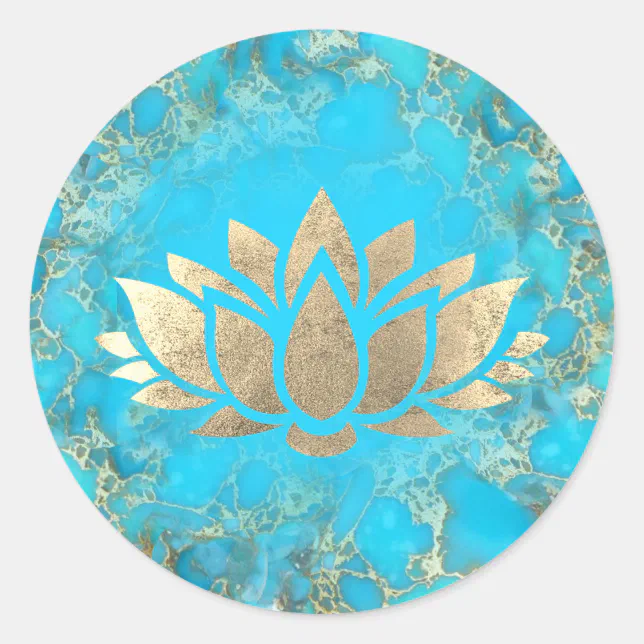 lotus flower logo on turquoise stone classic round sticker | Zazzle