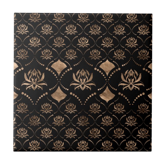 Lotus Flower Luxury ornament - black and gold Ceramic Tile (Front)