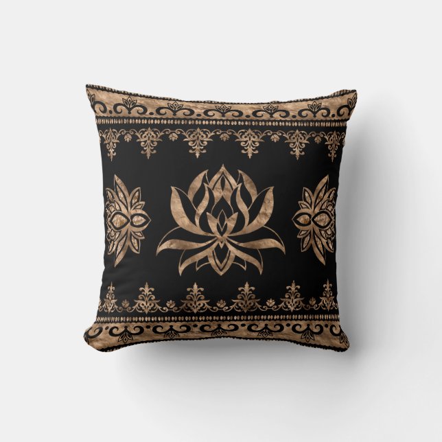 Lotus Flower Luxury ornament - black and gold  Throw Pillow (Front)