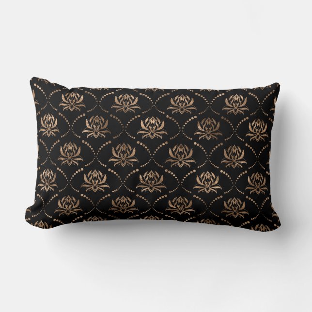 Lotus Flower Luxury pattern - black and gold Lumbar Pillow (Front)