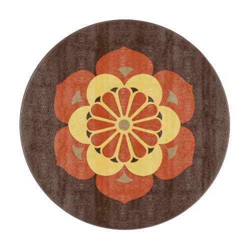 Lotus Flower Mandala Brown Rust and Yellow Cutting Board