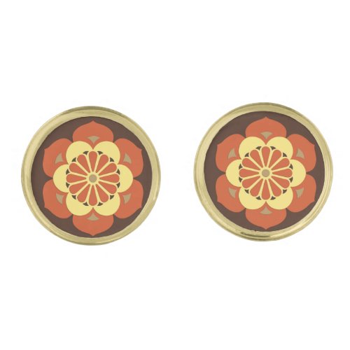 Lotus Flower Mandala Brown Rust and Yellow Gold Cufflinks