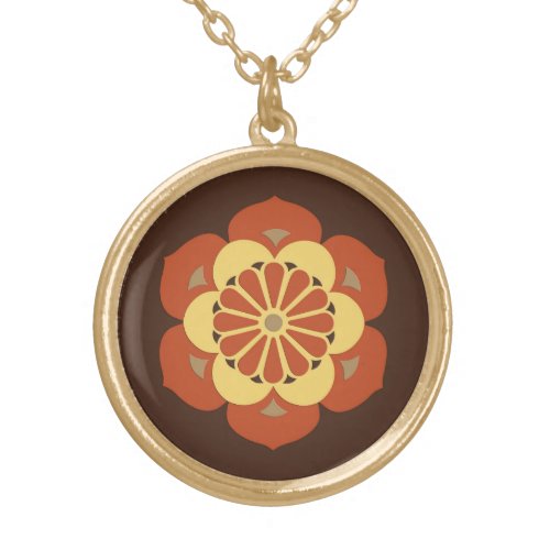 Lotus Flower Mandala Brown Rust and Yellow Gold Plated Necklace