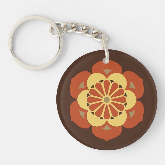 Lotus Flower Mandala, Brown, Rust and Yellow Keychain (Front)