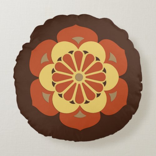 Lotus Flower Mandala Brown Rust and Yellow Round Pillow