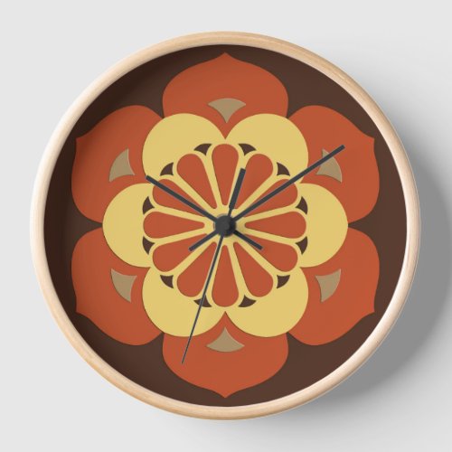 Lotus Flower Mandala Brown Rust and Yellow Wall Clock