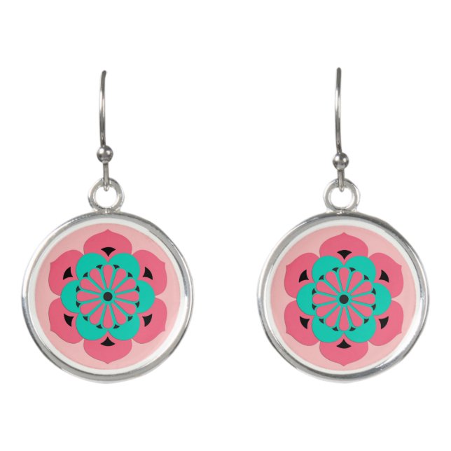 Lotus Flower Mandala, Coral Pink and Turquoise Earrings (Front)