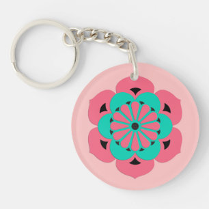Lotus Flower Mandala, Coral Pink and Turquoise Keychain